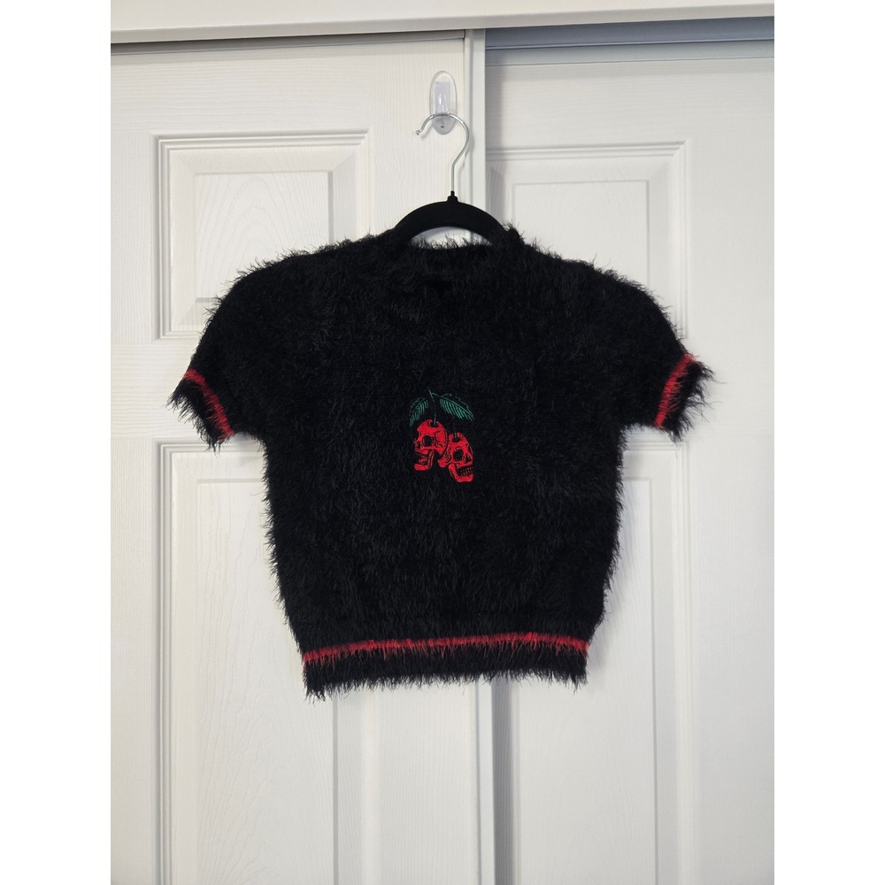 Punk Rave Black Fuzzy Knit Skull Cherry Crop Top Grunge Goth Short Sleeve  XS-S